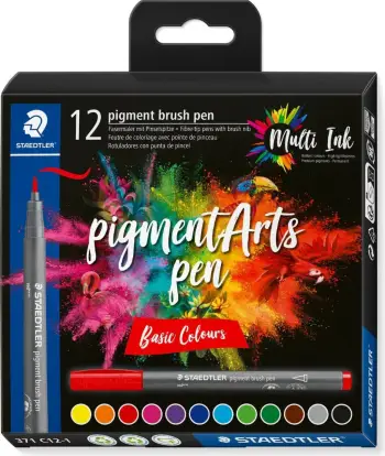 Set brush pen STAEDTLER Pigment Arts, 12 ngjyra bazë, ujë-bazë, plastikë, multikolor