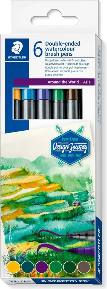 Set stilolapsa me dy maja STAEDTLER Double Fibre-Tip Pen Asia, 6 copë, në kuti kartoni, shumëngjyrëshe