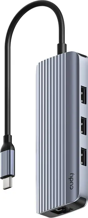 USB hub Cudy 6-in-1, 4K60Hz HDMI, Gigabit Ethernet, 3x USB-A, 1x USB-C, gri/argjend