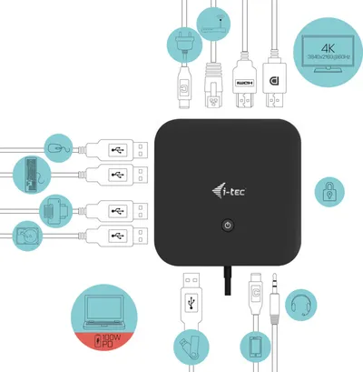 Stacion lidhës i-tec USB-C HDMI DP, 100W, i zi - 2