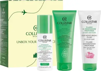 Set dhuratë për trupin Collistar Xmas 2025 Unbox Your Confidence, Talassoscrub Antiwater 150g, Idroattiva krem hidratues fytyre 15ml, fluid hidratues trupi