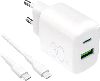 Karikues muri Puro PROLITE 30W me USB-A/USB-C + kabllo USB-C në USB-C 1.2m, Bardhë
