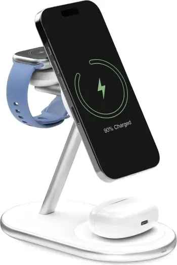 Karikues wireless Puro Mag Station Qi2 3 in 1, 30W, kompatibil me MagSafe, i bardhë