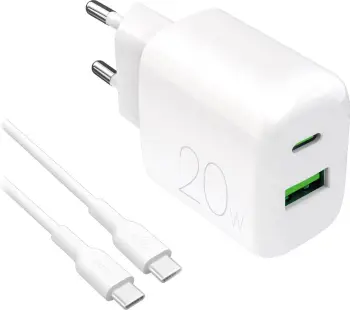 Karikues muri Puro PROLITE 20W me USB-A/USB-C dhe kabllo USB-C në USB-C 1.2m, Bardhë
