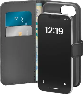 Mbështjellës Puro Booklet për iPhone 16e, eco-leather, me mbajtëse kartelash dhe qëndrim horizontal, e zezë