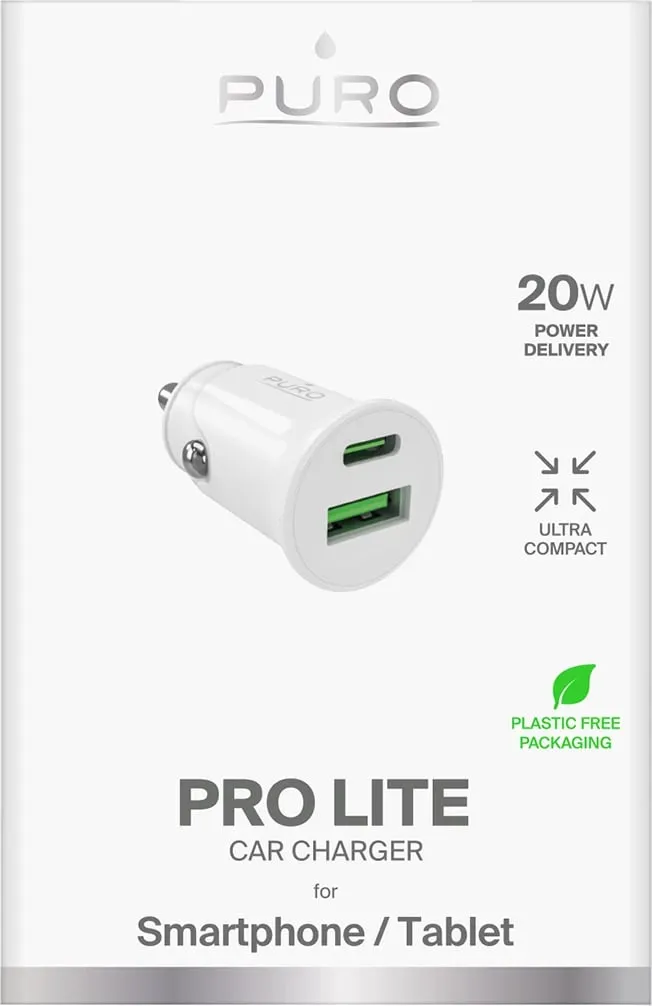 Karikues veture Puro Pro Lite, 2 porta (USB-A + USB-C), 20W, Bardhë - 2