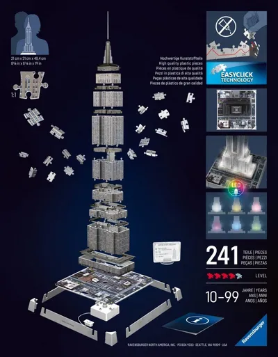 Puzzle 3D Ravensburger Iconics Empire State Building, me LED, shumëngjyrësh - 2