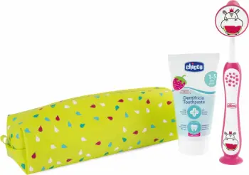 Set udhëtimi oral Chicco Always Smiling për fëmijë 3-6 vjet, 3 pjesë, luleshtrydhe