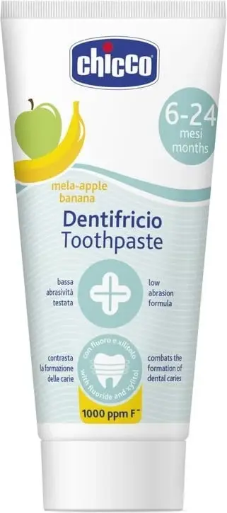 Pastë dhëmbësh për fëmijë Chicco me fluor 1000ppm shije mollë-banane 50ml