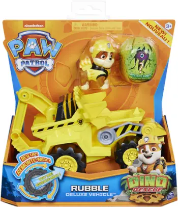 Set lodrash PAW Patrol Dino Rescue Rubble Deluxe, automjet me figurë, dinosaur surprizë