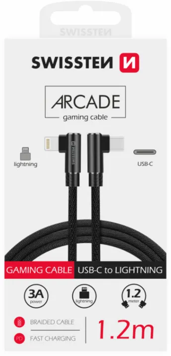 Kabllo SWISSTEN Arcade, USB-C - Lightning, M/M, 3A, me lidhës të kthyer 90°, e thurur, 1.2m, e zezë - 2