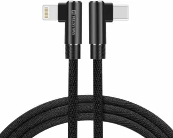 Kabllo SWISSTEN Arcade, USB-C - Lightning, M/M, 3A, me lidhës të kthyer 90°, e thurur, 1.2m, e zezë