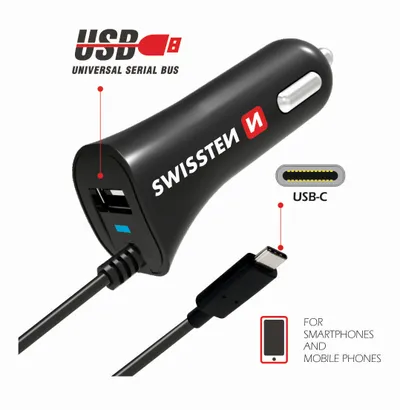 Karikues makine Swissten, USB-C, USB 2.4A, e zezë - 2