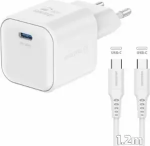 Karikues SWISSTEN GaN 1x USB-C 20W POWER DELIVERY, me kabllo Type-C/Type-C, i bardhë