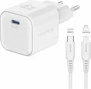 Karikues SWISSTEN GaN 1x USB-C 20W POWER DELIVERY, me kabllo Type-C/Lightning, i zi