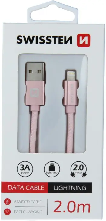 Kabllo USB Lightning Swissten Textile 2m, 3A, e bardhë