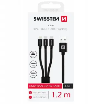 Kabllo karikimi Swissten Textile 3in1, 1.2m, USB A në USB C dhe Lightning, e zezë