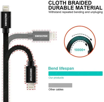 Kabllo USB Swissten Textile, Micro USB, 3m, 3A, e zezë - 2