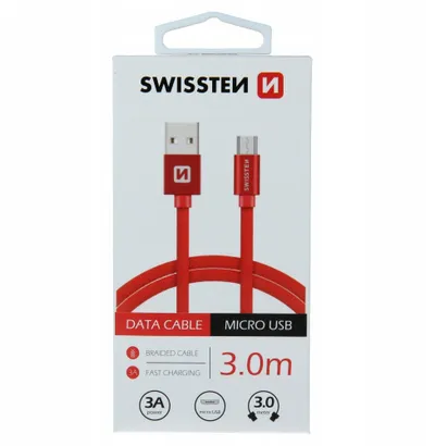 Kabllo USB Swissten Textile, Micro USB, 3m, 3A, e zezë - 4
