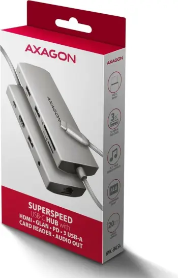 Stacion lidhës Axagon HMC-8HLSA, USB-C, 9-në-1, 4K@60Hz, i hirtë