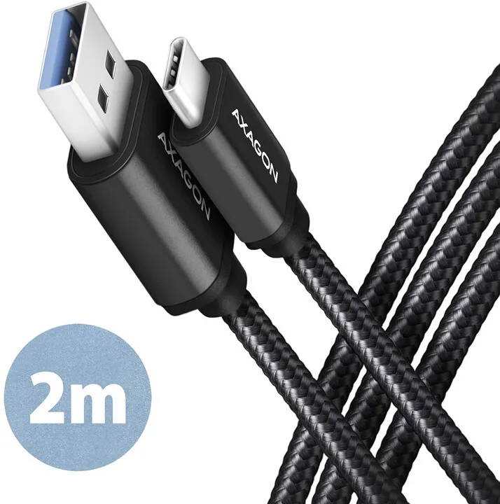 Kabllo AXAGON USB-A - USB-C SPEED USB3.2 Gen 1, 3A, 2m, e zezë - 1