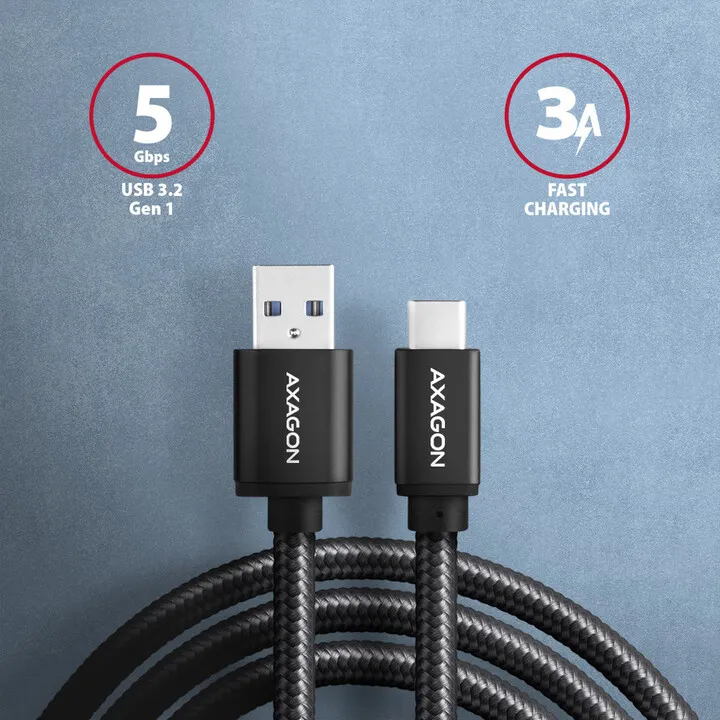 Kabllo AXAGON USB-A - USB-C SPEED USB3.2 Gen 1, 3A, 2m, e zezë - 2