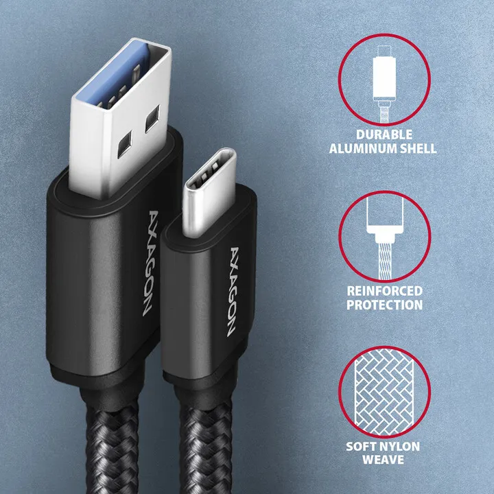 Kabllo AXAGON USB-A - USB-C SPEED USB3.2 Gen 1, 3A, 2m, e zezë - 3
