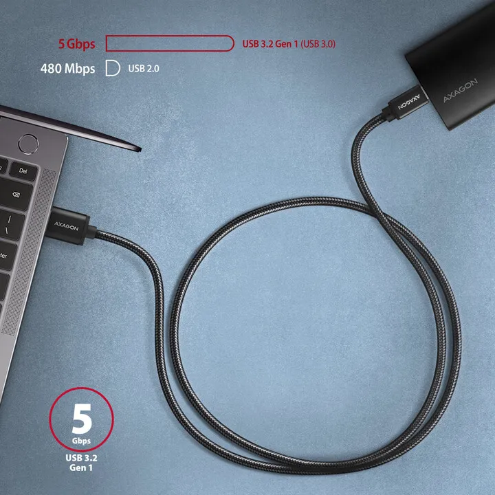 Kabllo AXAGON USB-A - USB-C SPEED USB3.2 Gen 1, 3A, 2m, e zezë - 5
