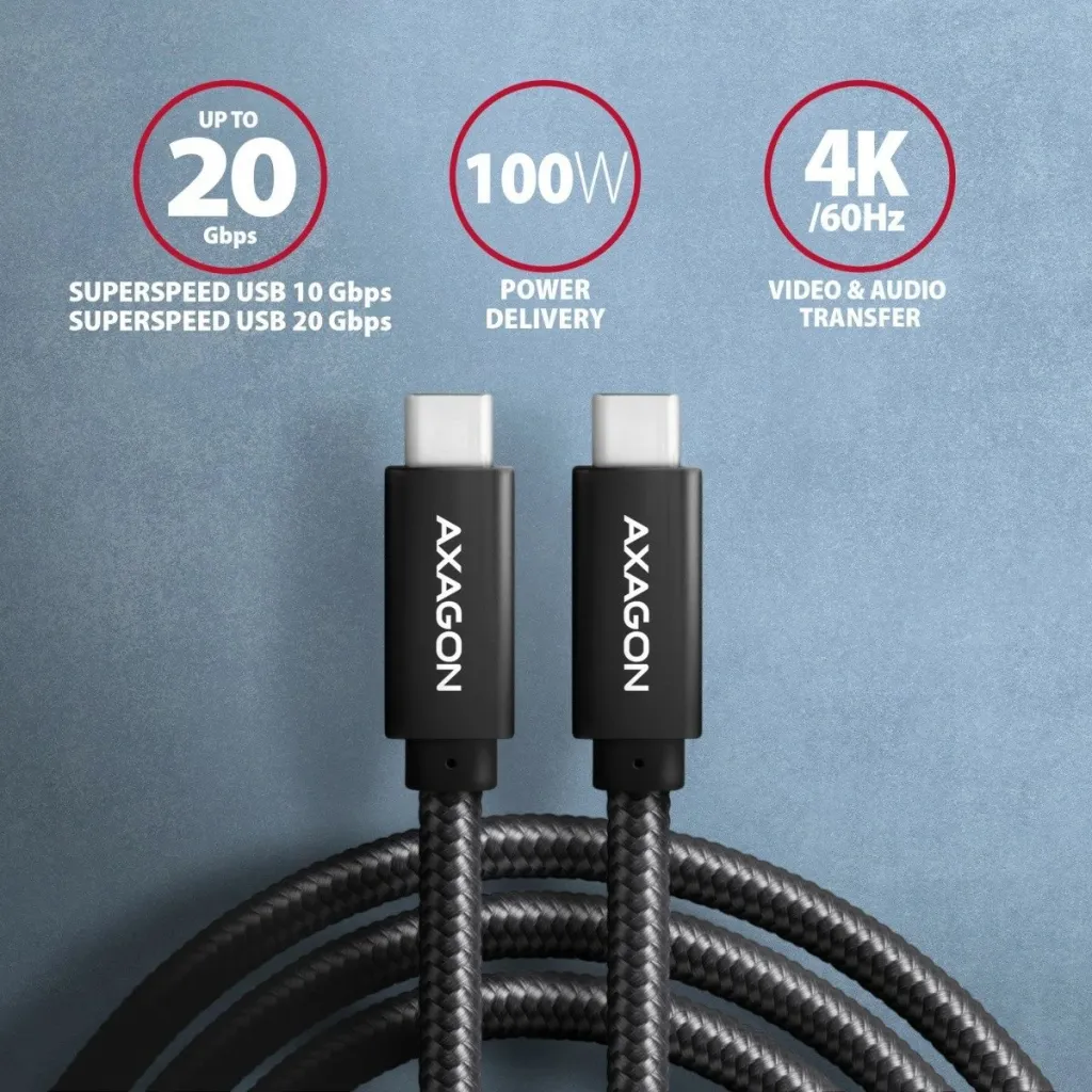 Kabllo AXAGON USB-C - USB-C SPEED+ USB3.2 Gen 2, PD100W 5A, 4K UHD, 1m, e zezë - 2
