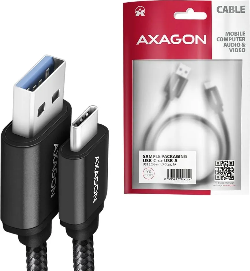 Kabllo AXAGON USB-A - USB-C SPEED USB3.2 Gen 1, 3A, 1m, e zezë - 6