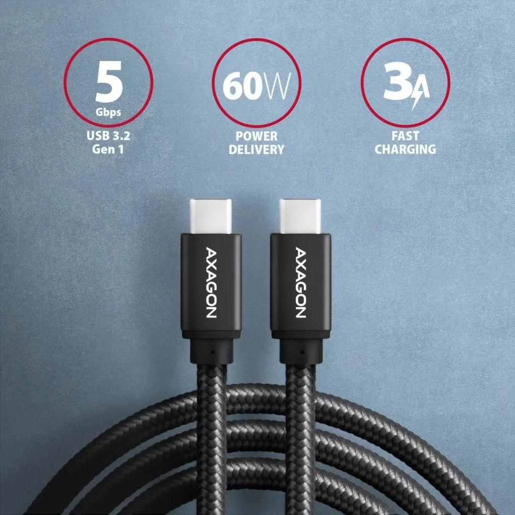 Kabllo AXAGON USB-C - USB-C SPEED USB3.2 Gen 1, PD60W 3A, 1m, e zezë - 2