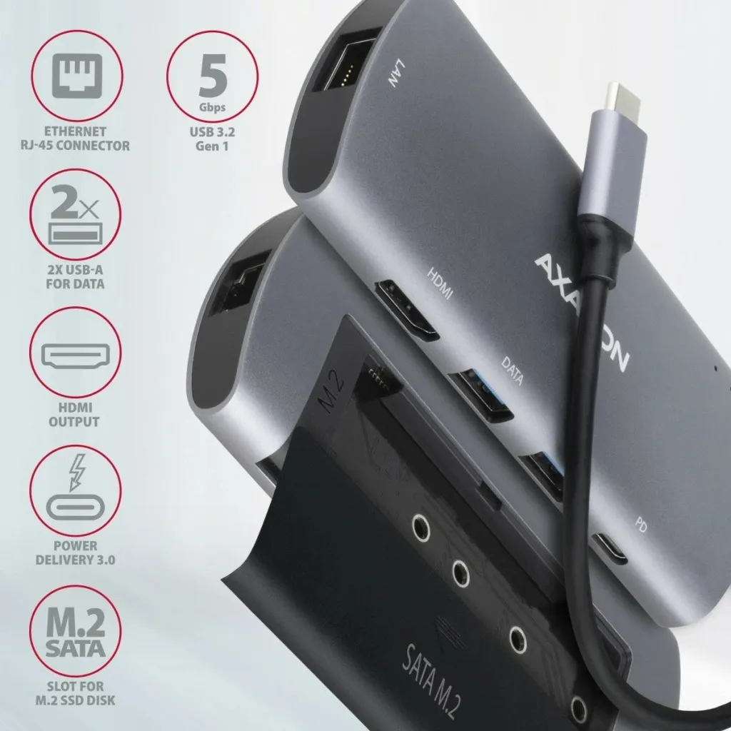 Kuti e jashtme për disqe Axagon HMC-6M2, për SSD M.2 SATA, USB C 3.2 Gen 1, e hirtë - 2