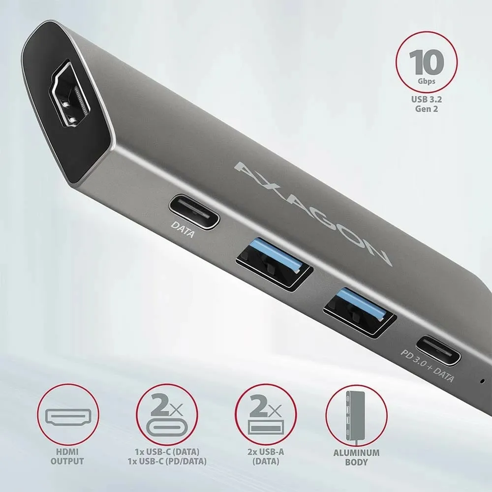 Stacion dokimi Axagon HMC-5G2 Speedster 5H, USB-C 10Gbps, HDMI, gri - 2