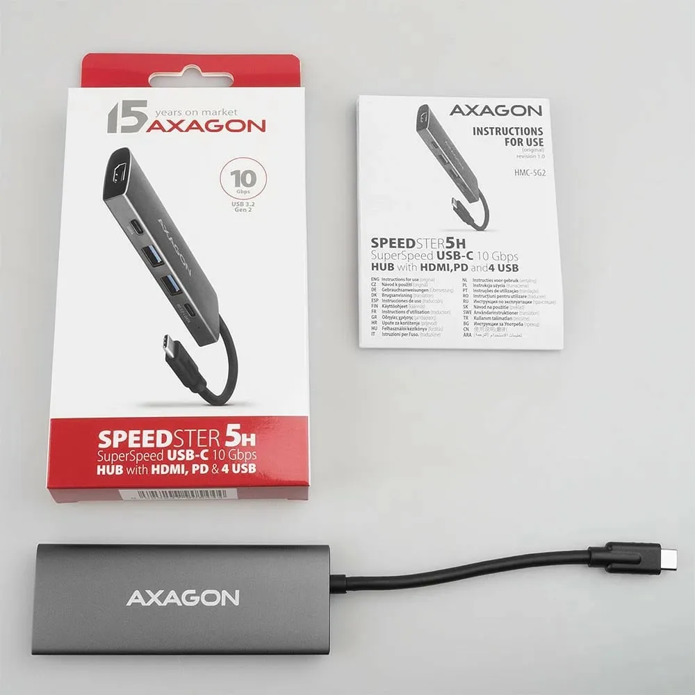 Stacion dokimi Axagon HMC-5G2 Speedster 5H, USB-C 10Gbps, HDMI, gri - 8