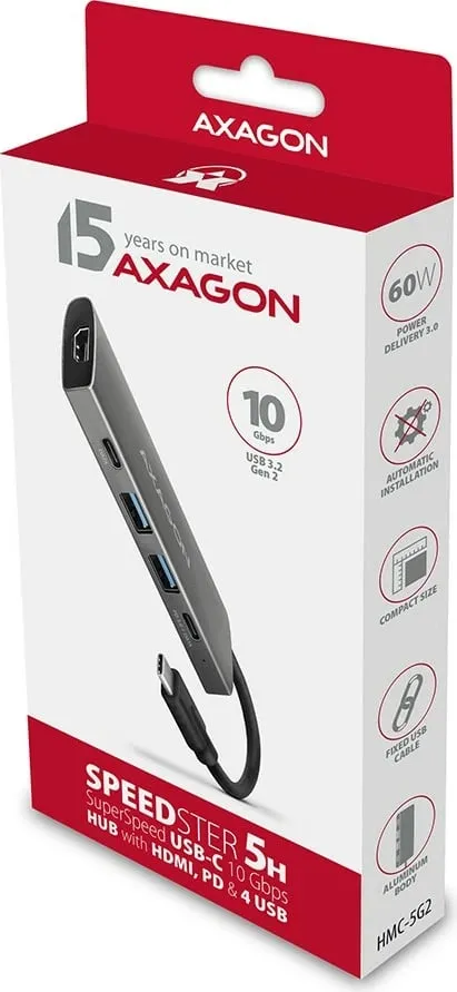 Stacion dokimi Axagon HMC-5G2 Speedster 5H, USB-C 10Gbps, HDMI, gri - 9