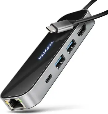 Hub USB C AXAGON HMC-6GLN Glass, 6 në 1, HDMI 4K 60Hz, RJ-45 Gigabit, PD 100W, gri