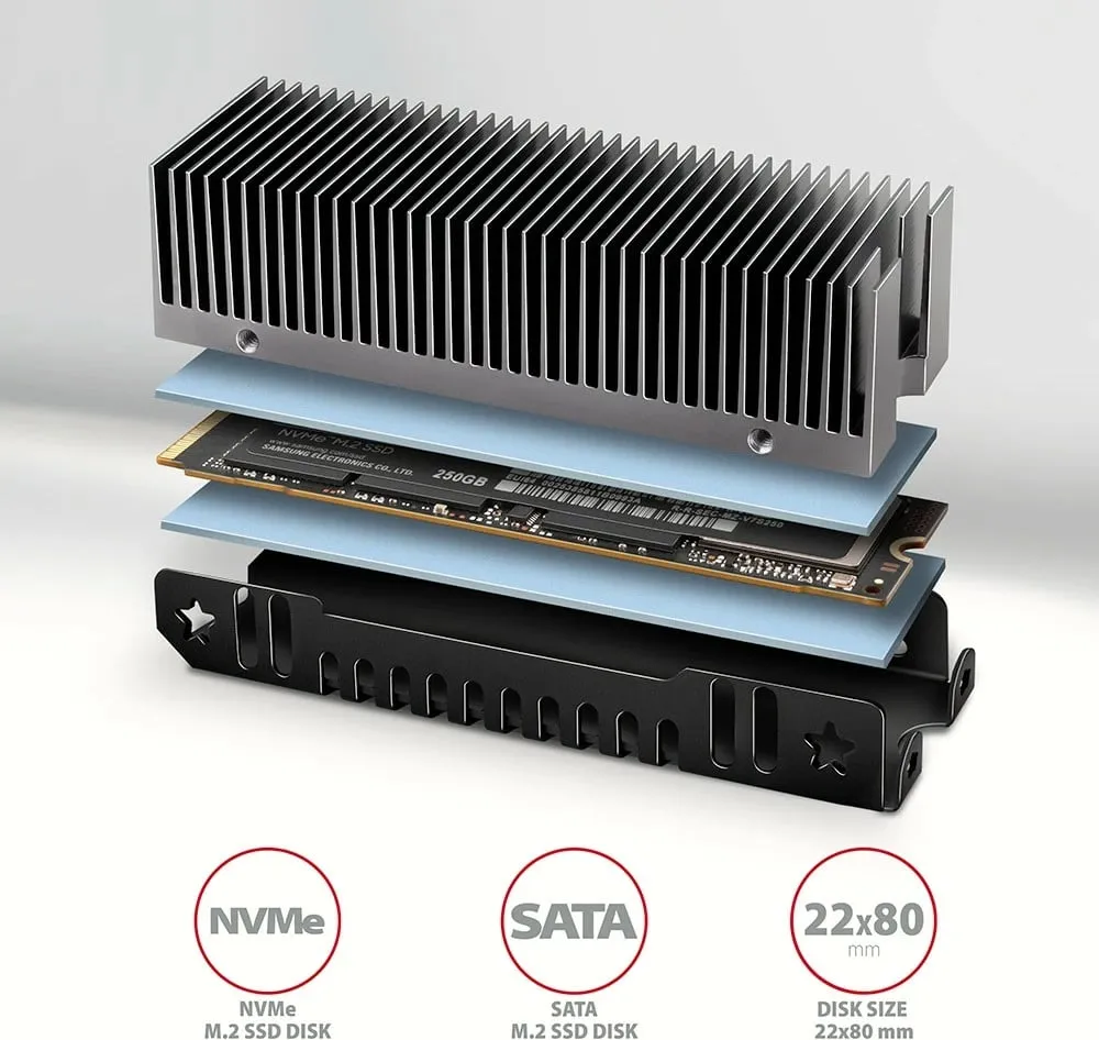 Ftohës pasiv për SSD M.2 Axagon CLR-M2XT, alumini, lartësi 24mm, gri - 2