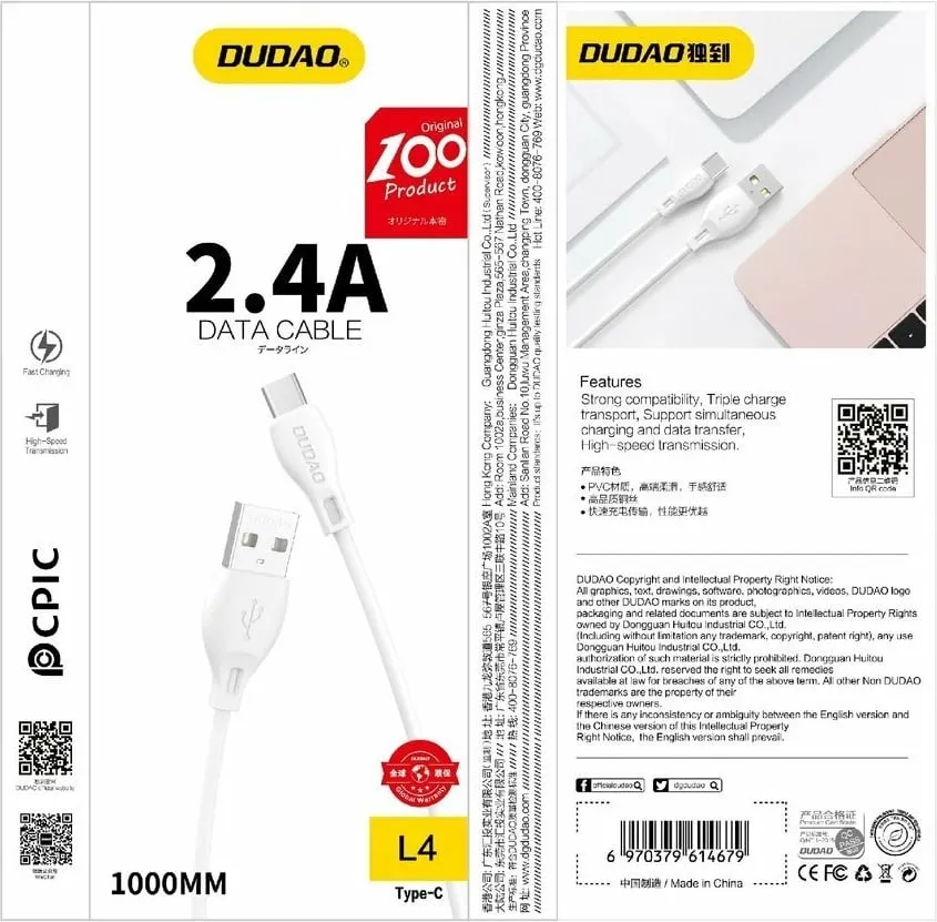 Kabllo Dudao USB-A - Lightning USB, 1m, e bardhë - 4