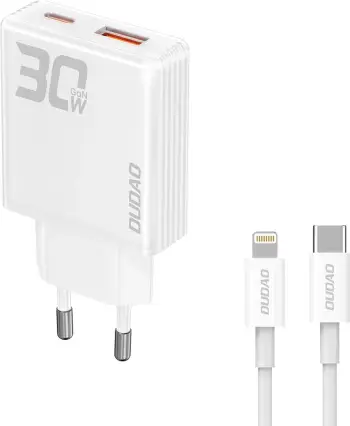 Karikues muri Dudao A30EUT GaN 30W me 2 porta USB-A/USB-C dhe kabllo USB-C në USB-C, Bardhë