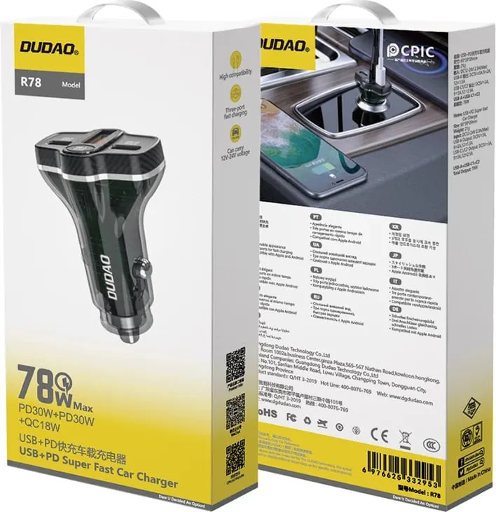 Karikues veture Dudao R78, 78W, USB C PD dhe 2x USB A QC, i zi - 2