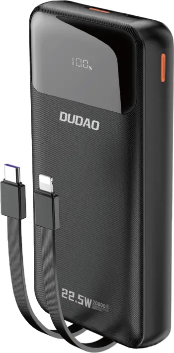 Powerbank Dudao K15Pro, 20000mAh, 22.5W, me kabllo të integruara Lightning dhe USB-C, Ekran LED, e zezë