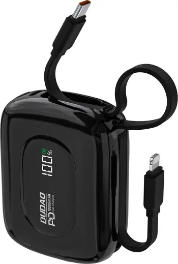 Powerbank, Dudao K32, 10000 mAh 22.5W, me kabllo të integruara USB-C/Lightning, e zezë