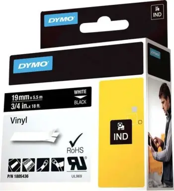 Shirit etiketimi Dymo 1805436, 19mm, tekst i bardhë mbi sfond të zi