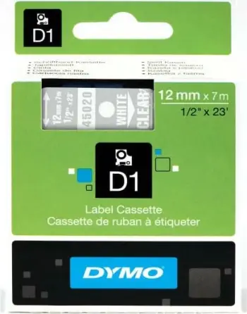 Etiketë për printer Dymo D1 S0720600, 12 mm × 7 m, tekst i bardhë mbi transparent