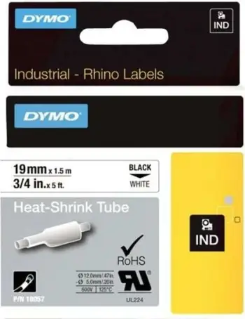 Tubë termo-ngushtuese për etiketime, Dymo, RhinoPRO 18057 (S0718330), 19mm x 1.5m, e bardhë/zezë