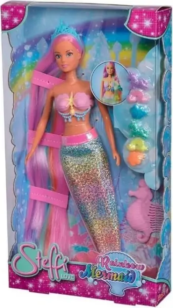 Kukull Simba Steffi Rainbow Mermaid, 29 cm, me aksesorë flokësh, shumëngjyrëshe