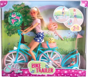 Lodër kukull Simba Steffi Love Bicycle Trip, set me biçikletë dhe karrocë, 29cm, shumëngjyrëshe
