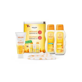 Set femijesh Krem 75 ml vs Lëng për dush 200 ml vs Vaj hidratues për sy 200 ml dhe Pelena pambuku Calendula Weleda