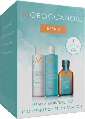 Set për flokë Moroccanoil Repair & Moisture Trio për femra, shampoo 70ml + balsam 70ml + trajtim 25ml