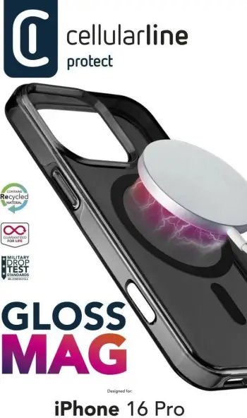 Mbështjellës Cellularline Gloss Mag MagSafe për iPhone 16 Pro, i zi